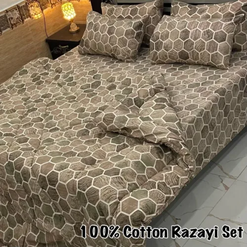 6 Pc Bed Sheet Set with Polyester Fill Razai, 4 Pillow Covers, and Cotton Bed Sheet