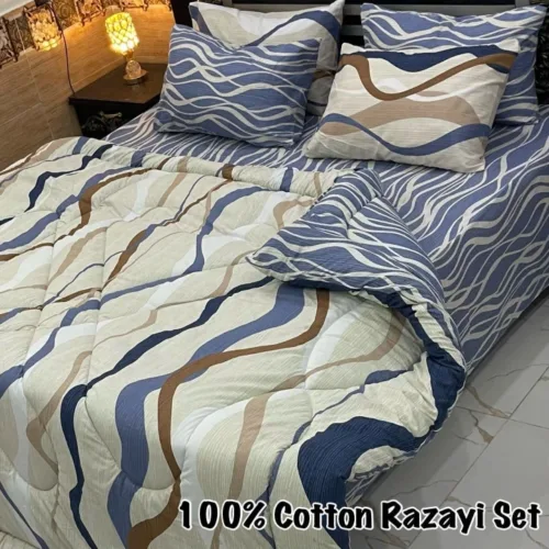 6 Pc Bed Sheet Set with Polyester Fill Razai, 4 Pillow Covers, and Cotton Bed Sheet