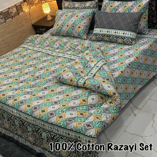 6 Pc Bed Sheet Set with Polyester Fill Razai, 4 Pillow Covers, and Cotton Bed Sheet