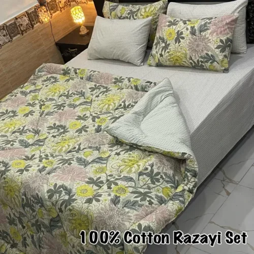 6 Pc Bed Sheet Set with Polyester Fill Razai, 4 Pillow Covers, and Cotton Bed Sheet