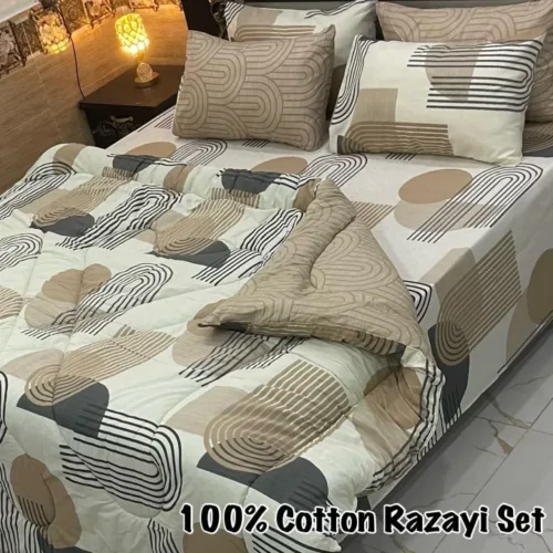 Full Size Bed Sheet Set with 4 Pillow Covers, One Sheet, and Polyester Razai Included