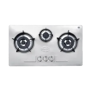 Three-burner stainless steel kitchen hob with built-in lighter for convenient burner ignition.