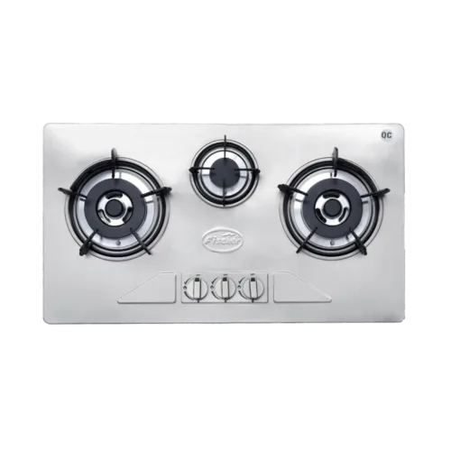 Three-burner stainless steel kitchen hob with built-in lighter for convenient burner ignition.