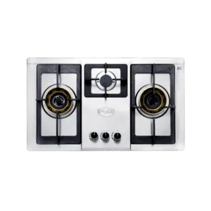 The premium stainless steel kitchen hob. Designed for heavy pan support and featuring 3 imported brass burners, this appliance ensures efficient and versatile cooking. Compatible with both natural gas (NG) and liquefied petroleum gas (LPG), it offers flexibility and convenience in the kitchen.