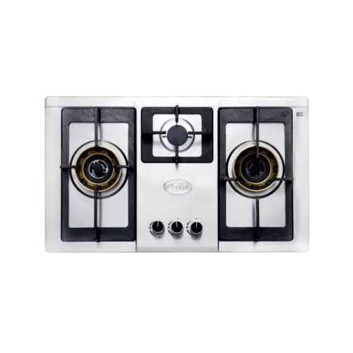 The premium stainless steel kitchen hob. Designed for heavy pan support and featuring 3 imported brass burners, this appliance ensures efficient and versatile cooking. Compatible with both natural gas (NG) and liquefied petroleum gas (LPG), it offers flexibility and convenience in the kitchen.