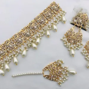 traditional Hyderabadi choker necklace set featuring intricate designs and embellishments, including pearls, gemstones, and delicate gold or silver work. The choker necklace is adorned with cultural motifs reflecting the rich heritage of Hyderabadi Jewellery Fashion