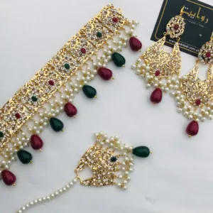 traditional Hyderabadi choker necklace set featuring intricate designs and embellishments, including pearls, gemstones, and delicate gold or silver work. The choker necklace is adorned with cultural motifs reflecting the rich heritage of Hyderabadi Jewellery Fashion