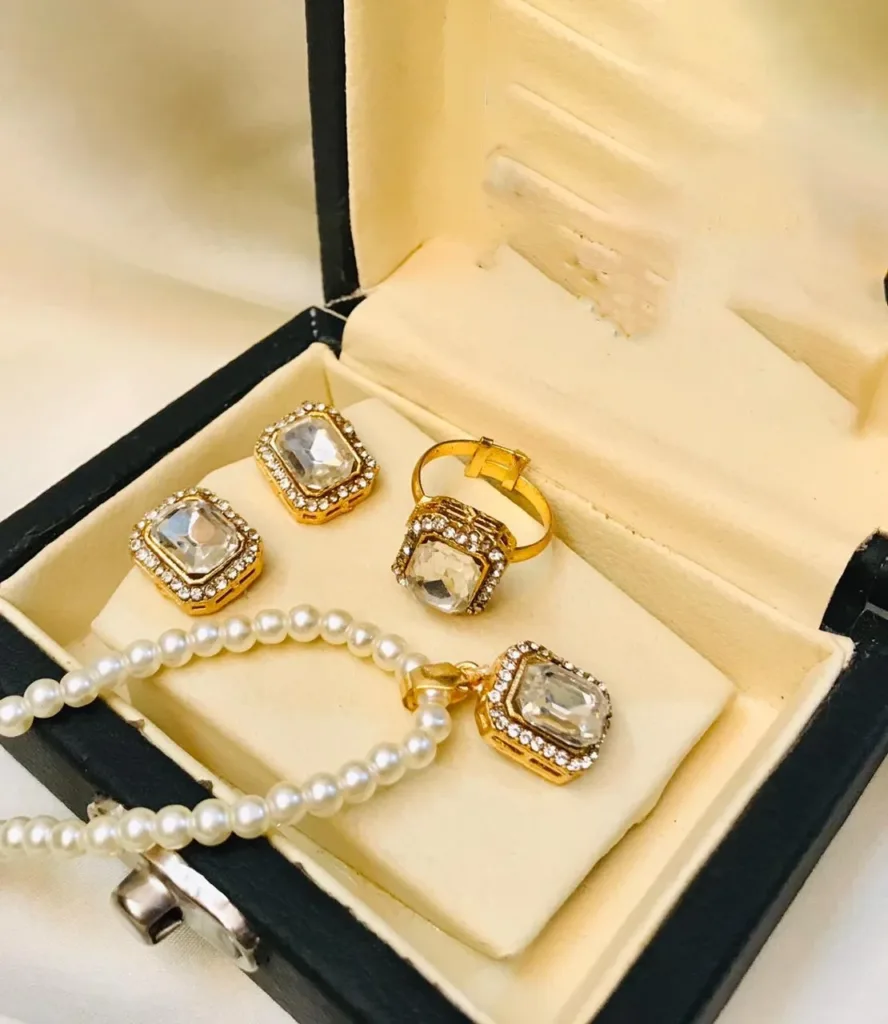Beautiful 3 Pcs Locket set with Zircon mala and earrings with adjustable finger ring