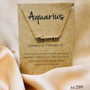 showcasing a captivating gold-plated pendant necklace adorned with the Aquarius zodiac symbol - the water bearer. With meticulous craftsmanship, the pendant embodies the innovative and humanitarian spirit of Aquarius individuals. Symbolizing originality and idealism, this elegant accessory serves as a radiant reflection of Aquarius' progressive outlook and commitment to positive change.