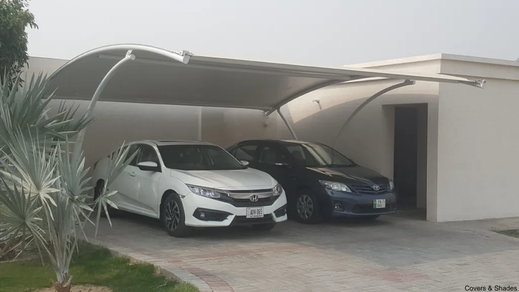 Modern design car parking shed with tensile fabric top membrane 