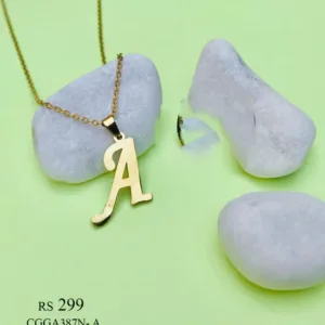 Necklace featuring a capital letter 'A' pendant, touch.