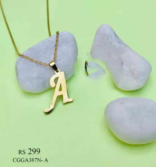 Necklace featuring a capital letter 'A' pendant, touch.