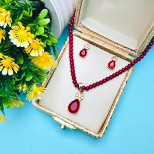 Zircon Beads Mala Set Necklace in maroon color natural beads with Dazzling Earrings