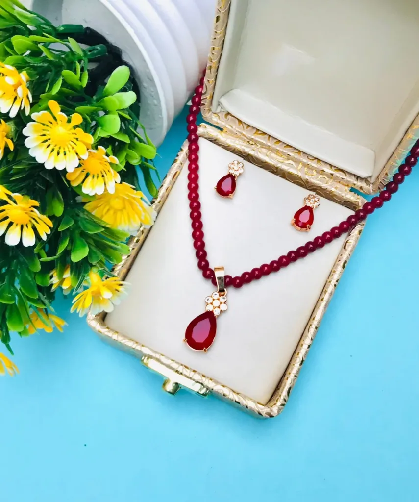 Zircon Beads Mala Set Necklace in maroon color natural beads with Dazzling Earrings