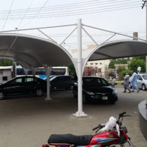 This Double-Sided Car Parking Shade has a tensile fabric top membrane to Shield Your Vehicle with Complete Coverage. Ideal for Outdoor Protection Against Sun, Rain, and Debris. Keep Your Car Safe and Secure with this Convenient Solution.