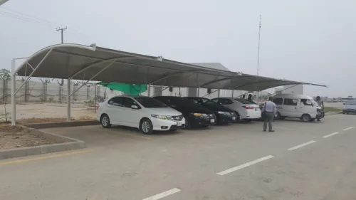 Experience Superior Durability with our Tensile Fabric Car Parking Shed in Pakistan. This Bottom Support car parking is very suitable for open areas with ample front area