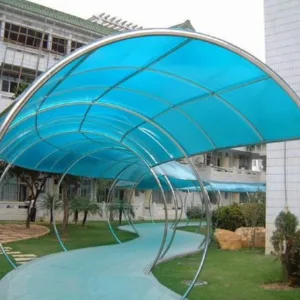 Elegant durable walkway shed featuring polycarbonate sheet protection. A walkway shed can increase the aesthetic look of universities | schools | hotels | restaurants and marriage halls.